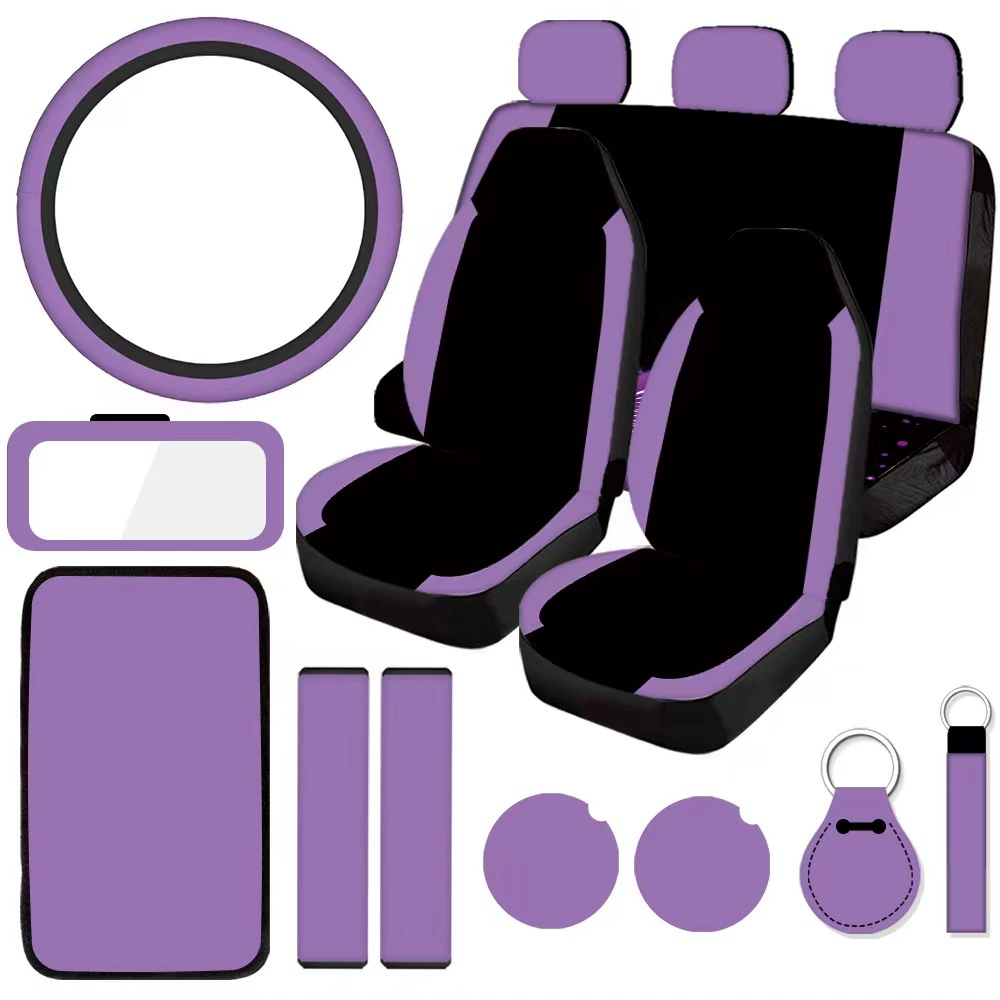 Универсальные чехлы для автомобильных сидений для трансграничной торговли на Amazon (Европа и Америка) с принтованными креплениями, фиолетовой строчкой, комплект из 16 предметов
