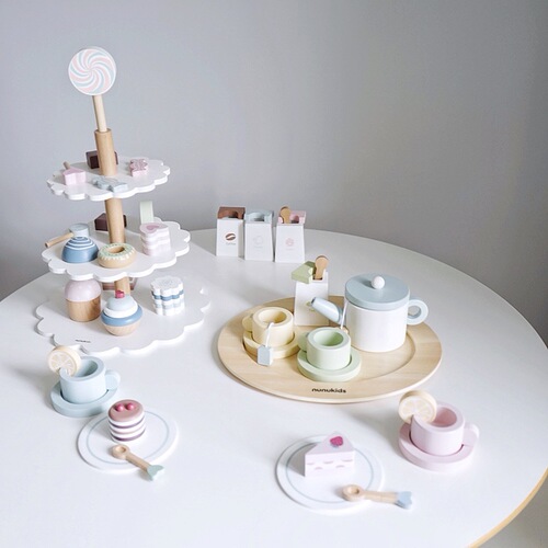 Foreign trade wooden simulation afternoon tea three-layer dessert cake tower play house kitchen food tableware educational toys