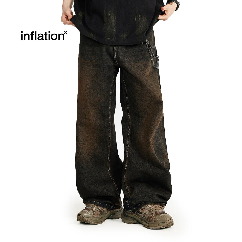 Мужская одежда Jie Zhan | Желтые широкие джинсы с эффектом грязи и песка, новая мода весна-лето 2025, уличный стиль, свободные прямые брюки для мужчин