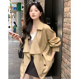 夏诗文莱赛尔棉撞色扣荡领上衣女宽松廓形可调节扣袢斜纹风衣外套