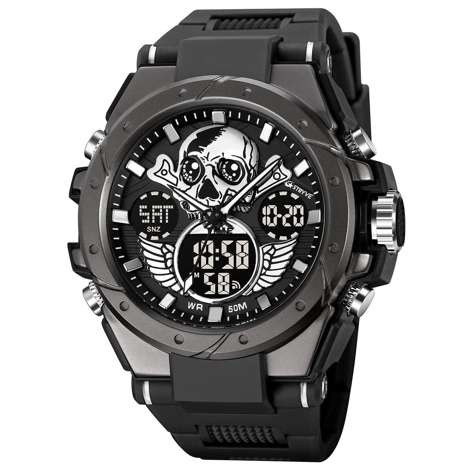 STRYVE transfronterizo e-commerce hombres deportes reloj cráneo luminoso electrónico impermeable reloj multifuncional reloj 8008