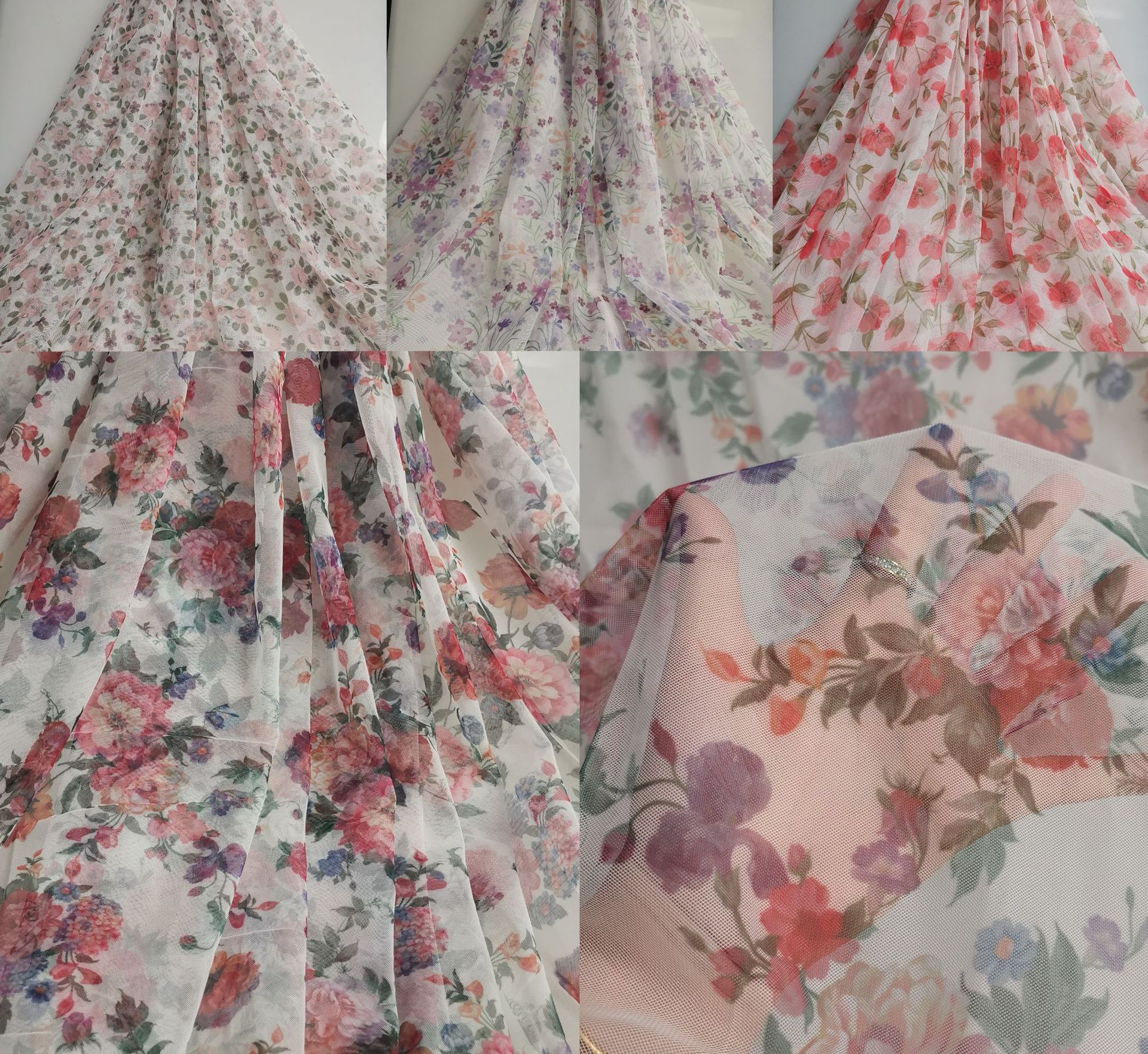 印花热卖~柔软丝滑密实涤复丝网纱多种花型数码印花 新花纱裙面料