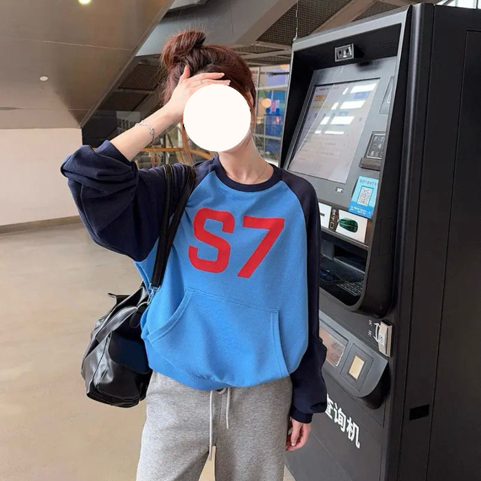 ins超火秋季新款美式复古撞色印花长袖卫衣女休闲风百搭潮流上衣|undefined