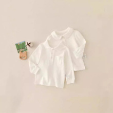 纯白色Polo翻领儿童秋装纯棉A类宝宝长袖T恤春秋男女童打底衫上衣