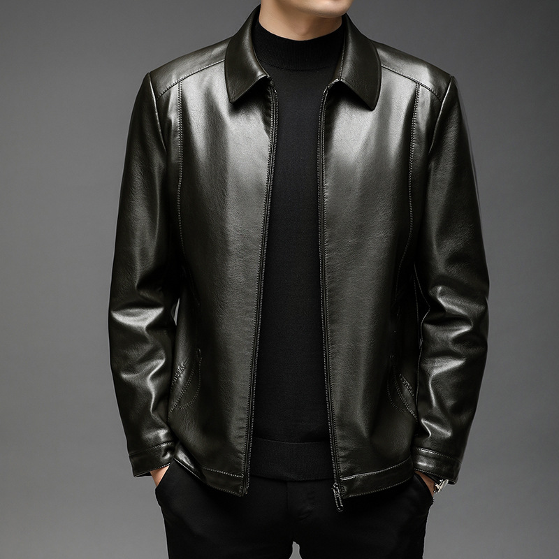 Chaqueta de cuero de hombre, chaqueta de cuero suave, invierno y otoño, vello con tapa gruesa, chaqueta de cuero de lana de mediana edad.
