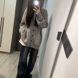美式复古V领毛衣女春秋冬慵懒学院风小个子开衫针织外套