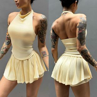Suit Modal Fitness Yoga Sports Bra Vest Half-Length Pleated Skirt Anti-Exposure Running Breathable High Elasticity