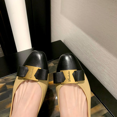 牛皮版~葡萄媽同款法式氣質拼色蝴蝶結真皮淺口粗跟單鞋女