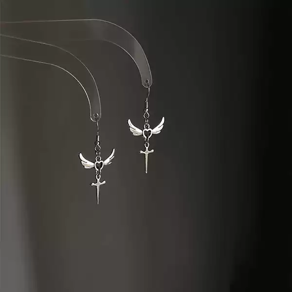 French Retro Angel Wings Heart-Shaped Sword Earrings for Women, Niche Light Luxury Design Earrings, High-End Earrings