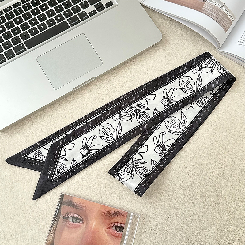 Pañuelo de seda, banda larga, sensación de alta calidad, bufanda pequeña decorativa, bolsa de toalla de seda, envuelta, pañuelo floral, cinta para el cabello, serpentín para el cabello