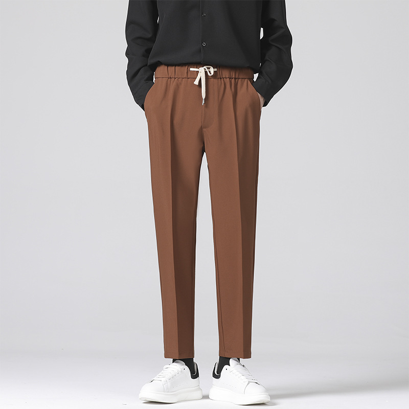 Pantalones casuales rectos drapeado pantalones de traje con cordones pantalones de traje delgados pantalones de cintura elástica suelta para hombres pantalones largos casuales de todo fósforo moda