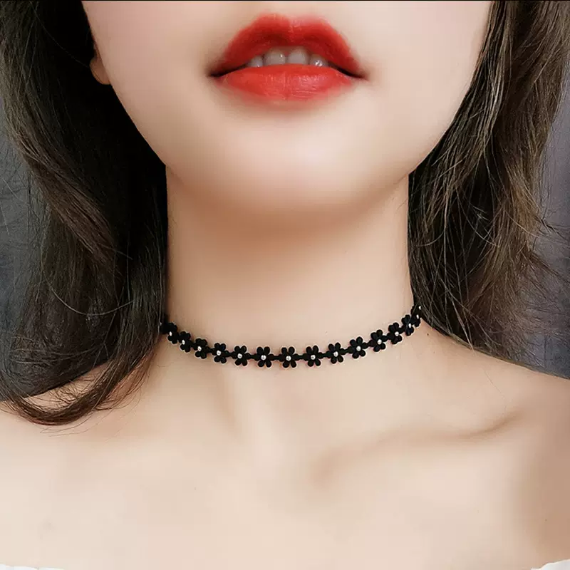 韩国choker项圈简约锁骨颈链女短款颈带脖子饰品黑色花朵项链配饰