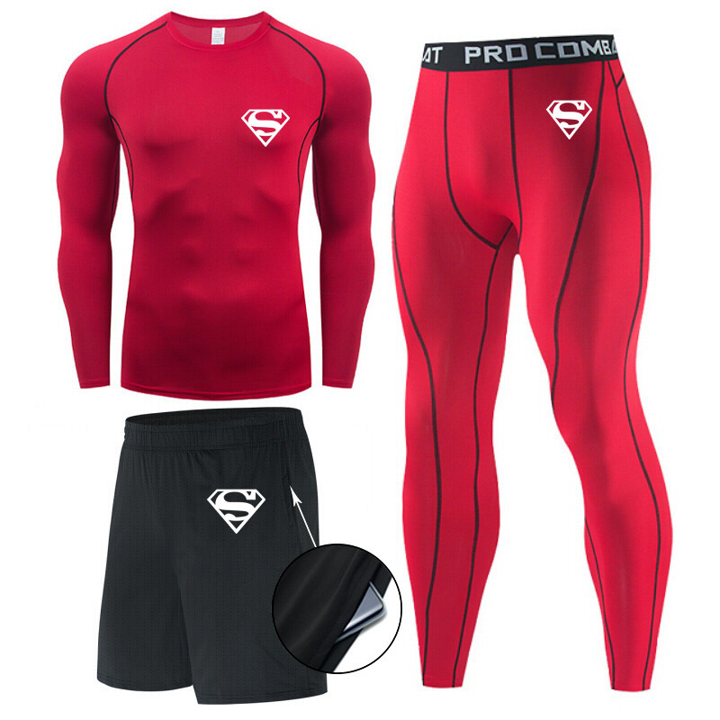Traje de hombre de compresión de tres piezas de secado rápido medias de manga corta para correr traje deportivo ropa de entrenamiento de baloncesto gimnasio