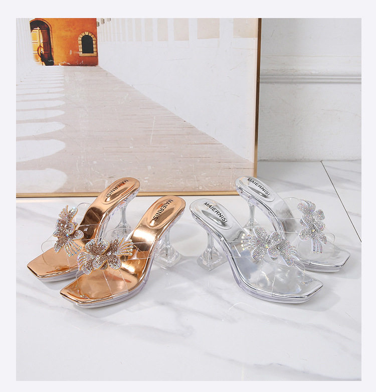 Sandal nữ quai ngang gót ly trong suốt đính hoa đá lấp lánh, gót 6–8 cm — Vàng Sâm Banh, bạc chi tiết 14