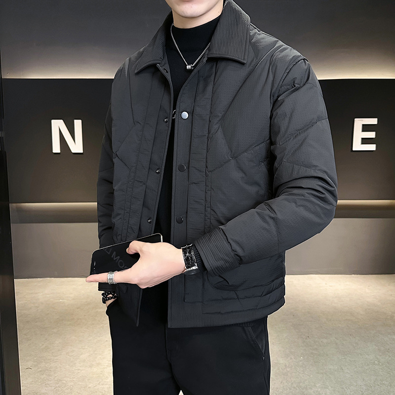 Doudoune courte chaude à capuche en toile de canard blanc, col rabattu, collection hiver 2025 pour hommes et jeunes. Vêtements d'extérieur._voghion.com