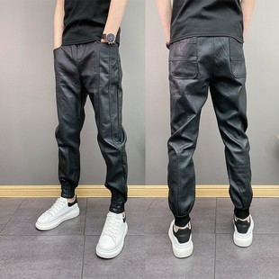 Thin Trendy Brand Men's PU Leather Pants Waterproof Windproof Youth Solid Color Ankle Pants Loose Casual Ankle Pants
