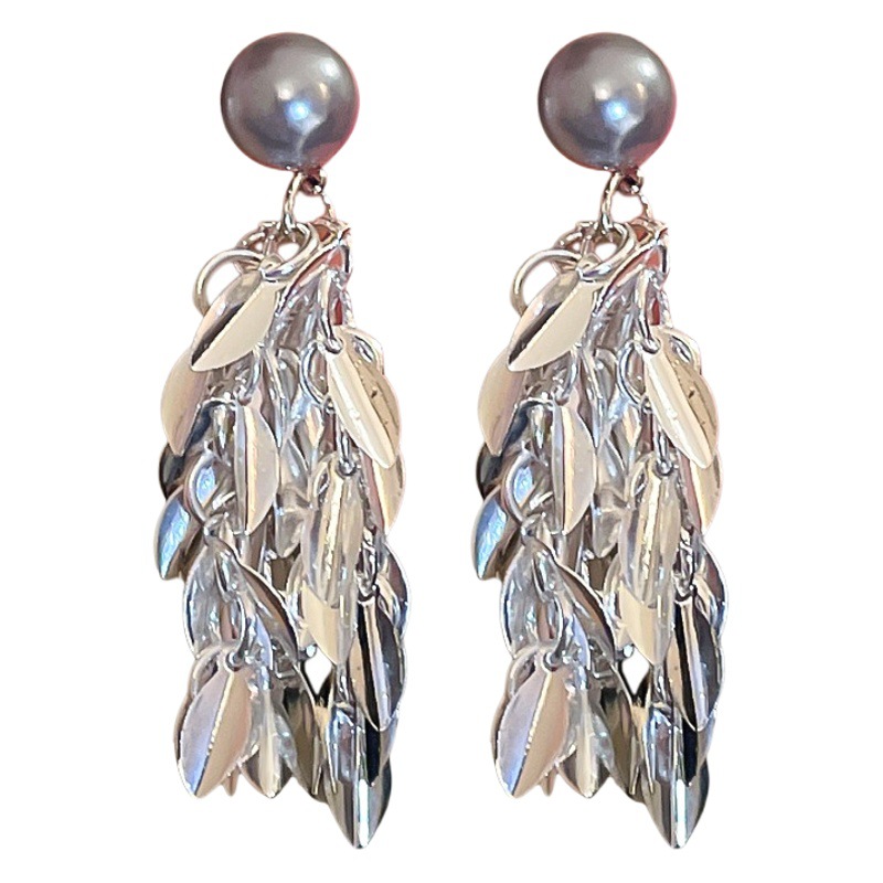 Aguja de Plata Perla hoja borla pendientes estilo frío diseño personalizado pendientes nicho versátil temperamento pendientes al por mayor