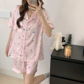 夏季新款冰雪丝睡衣女可爱米菲兔翻领短袖短裤家居服两件套
