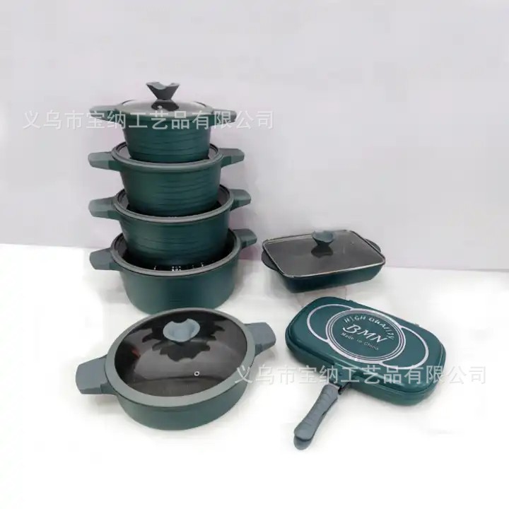 Customizado BMN antiadherente conjunto de arroz de piedra 14pcs aluminio prensado conjunto de cocina de doble cara para asar a platos de pescado