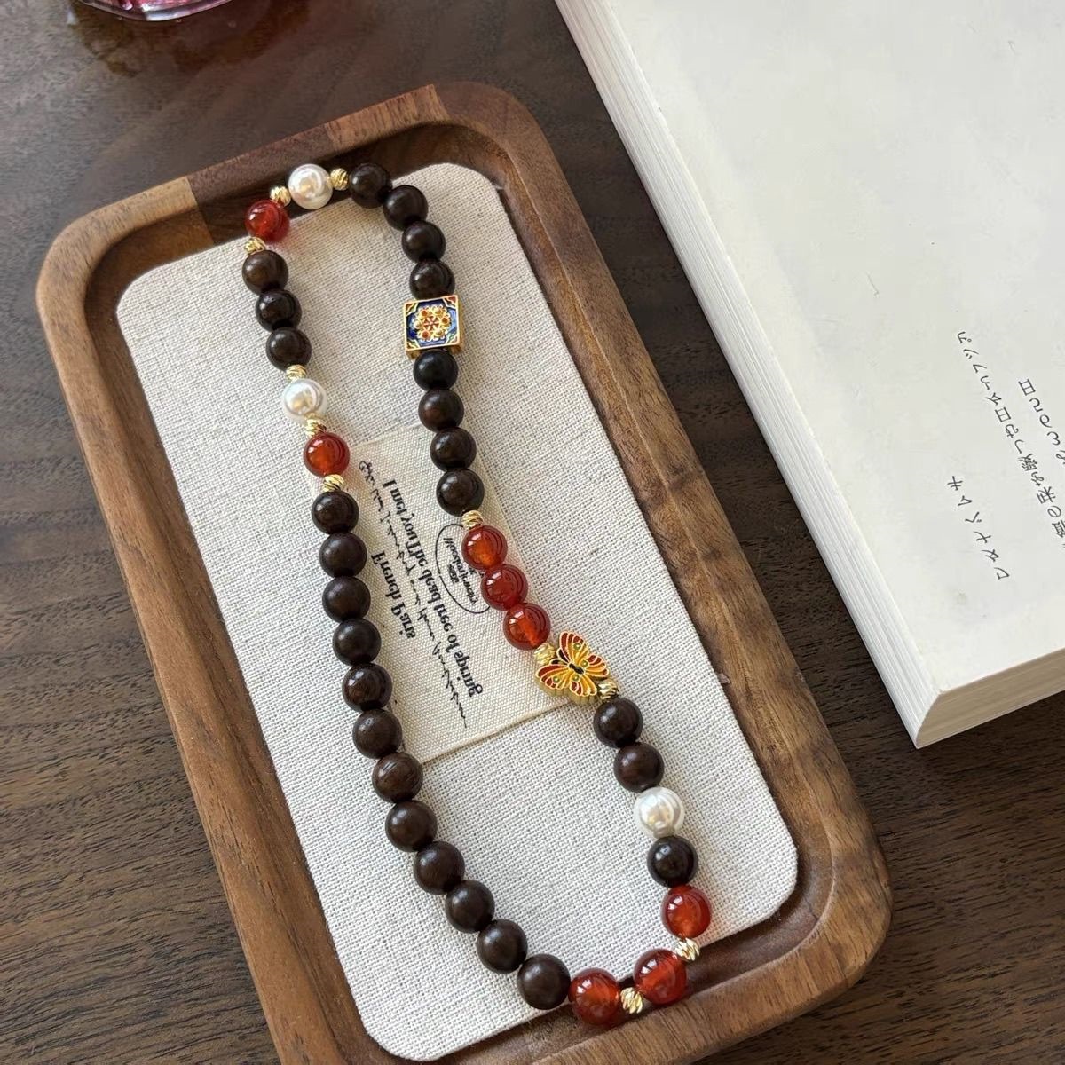 Frozen Plum Blossom Collection: Original Handmade Natural Red Agate, Sandalwood, and Shell Beads Double-Circle Bracelet/Bangle - A Collection of Antique and Cultural Artifacts
