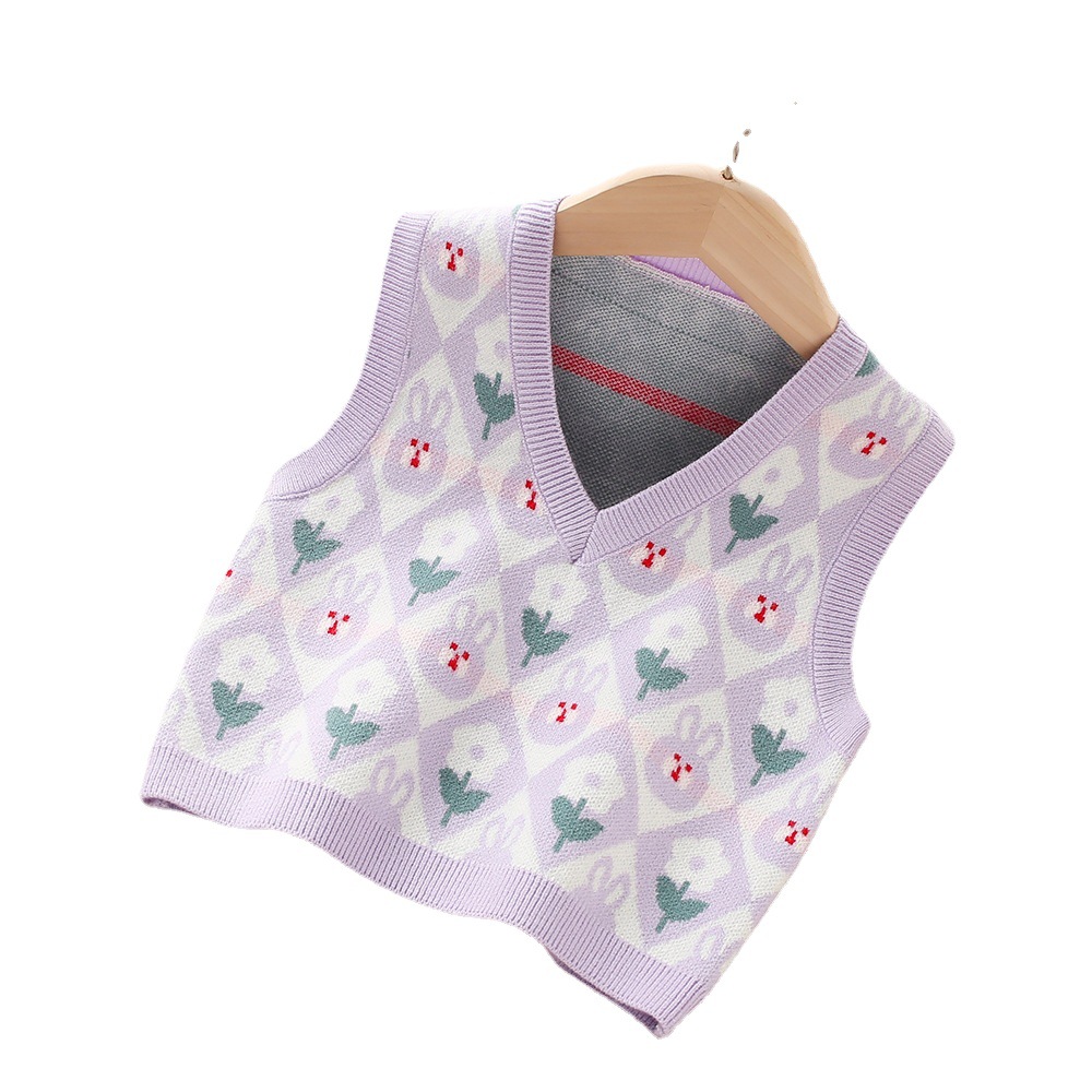 Chaleco de punto para niñas cuello en V, primavera-otoño 2023 – estilo coreano cute y versátil.
