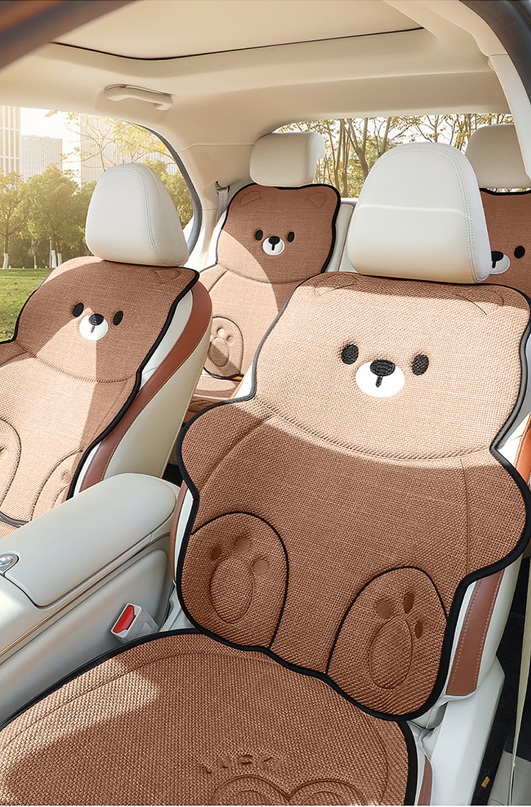 Car Seat Cushion for All Seasons, Cartoon Design, Breathable Cotton and Linen for Summer, Ventilated for Autumn and Winter, Half-Cover, Cute Bear Seat Cover for Women