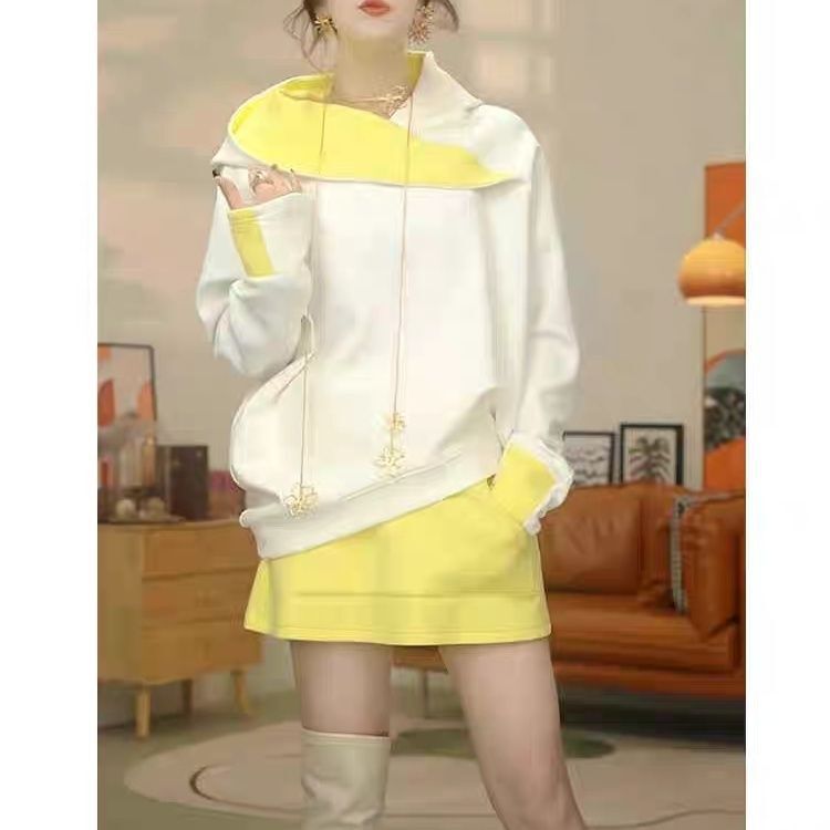Autumn and Winter Designer Stylish Fashion Color Matching Sweatshirt Women's New Loose Asymmetrical Hem Hooded Long-Sleeved Top Trendy