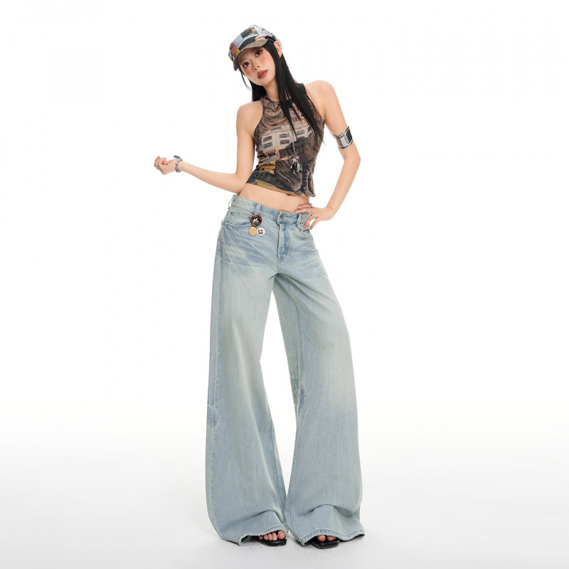 26Th Ootd!|2026 Spring New Light Blue Washed Whiskered Cotton Straight-Leg Pants Gardener Denim Long Pants for Women 26Th Ootd!|2026 Spring New Light Blue Washed Whiskered Cotton Straight-Leg Pants Gardener Denim Long Pants for Women