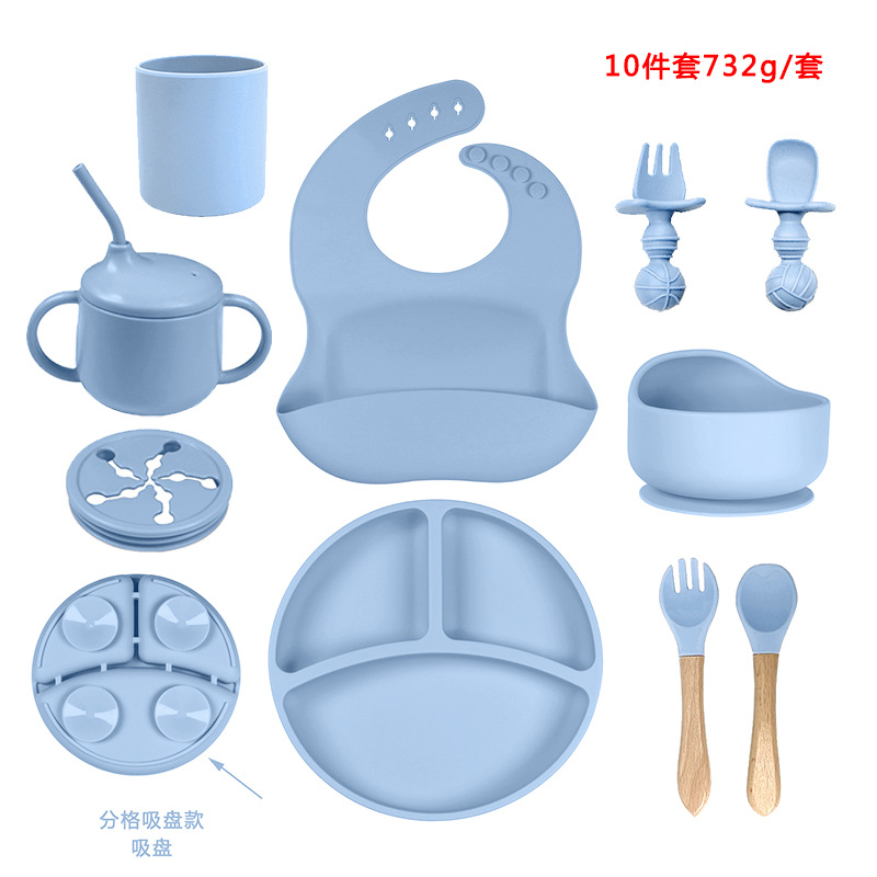 Bebé de silicona plato bebé ventosa compartimento tazón tenedor cuchara babero auto-alimentación niños suplemento alimenticio traje vajilla