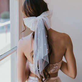 新款网红超仙网纱飘带珍珠蝴蝶结婚礼婚纱气质少女顶夹发夹发饰