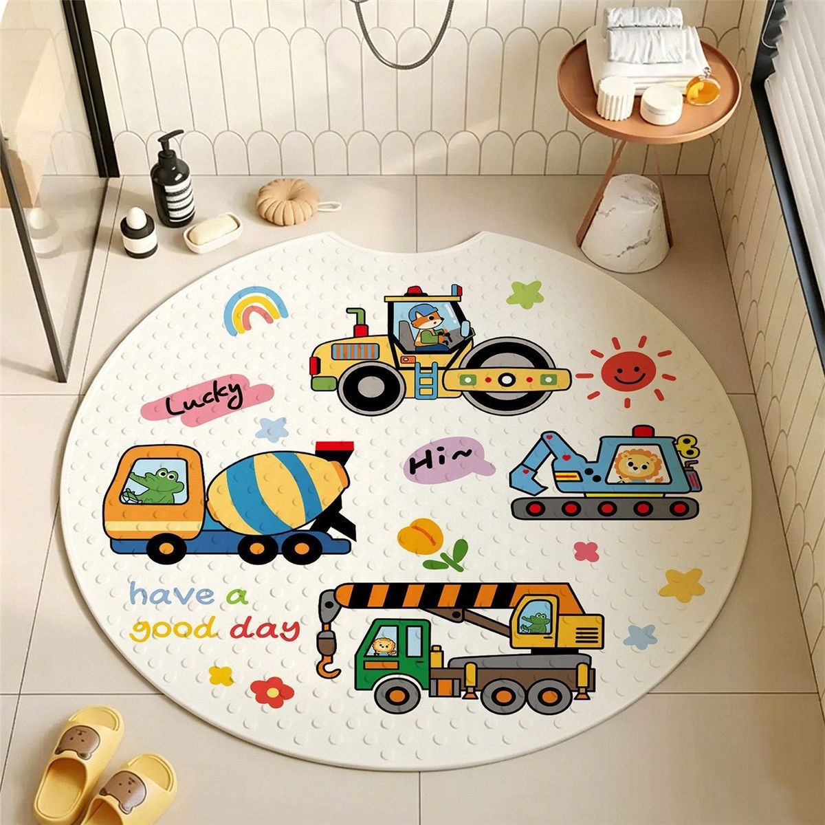 Bathroom suction cup floor mat, children's bath anti-slip quick-dry foot mat, bathroom shower room carpet, construction vehicle
