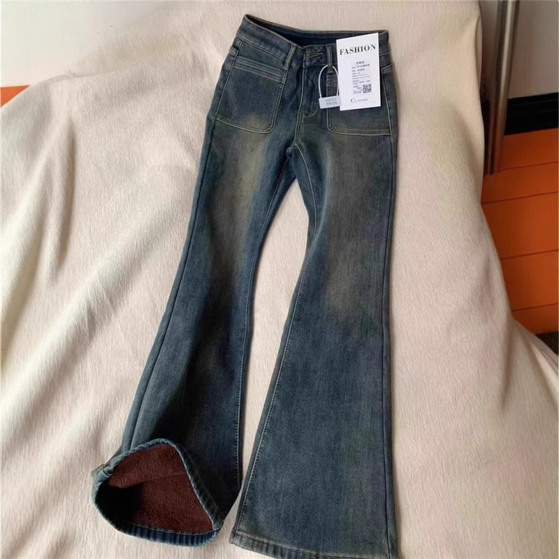 fleece-lined Thickened Design Sense Micro-Lar Jeans Women's plus size chubby girl Autumn and Winter Hip Covering Elastic No-Leg Flared Pants