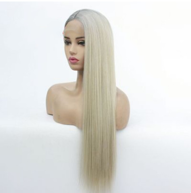 Peruca gris fibra química frente encaje rizado largo encaje europeo y americano cabello largo cubierta LW0282