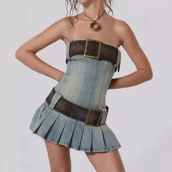 Jaded London Y2K Retro Extra Wide Detachable Belt Denim Pleated Denim Tube Dress for Women