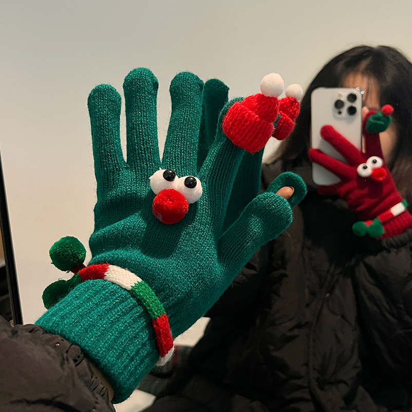 새해 크리스마스 레드 핑거리스 장갑 여성 겨울 학생 귀여운 눈 커플 두꺼워진 사이클링 따뜻한 터치 스크린