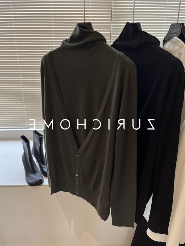 Solitary Olive Green, Elegant Elegant, Light and Soft, Thin Wool Turtleneck Base + Wool Knitted Cardigan