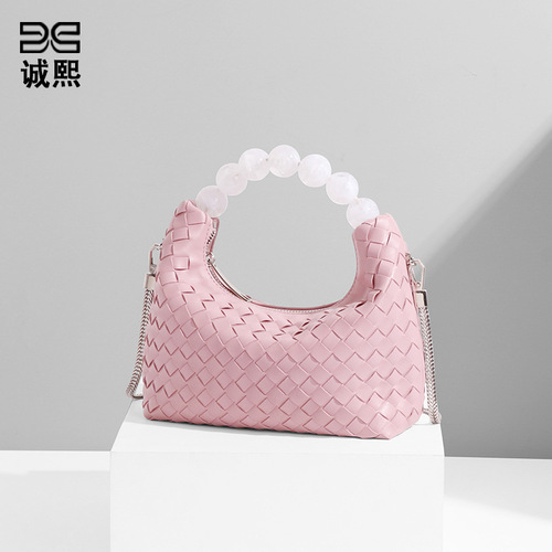 Women's niche, high-end, stylish, minimalist, and adorable handcrafted woven shoulder/crossbody bag—featuring a pearl-inspired cream puffs design.