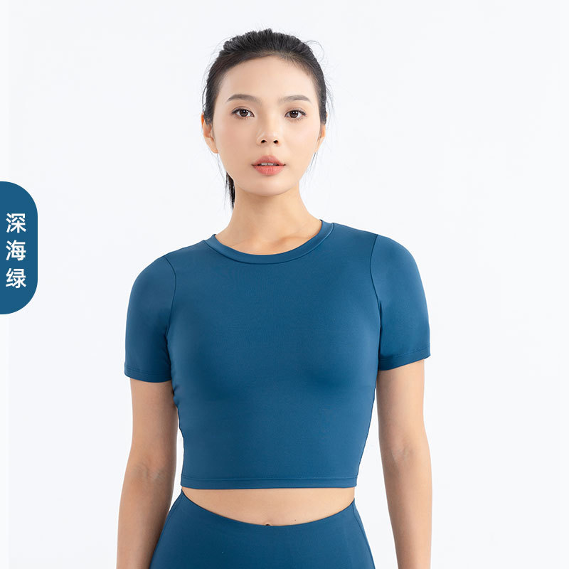 秋冬新款瑜伽服短袖女 裸感露脐开背运动上衣 修身速干健身服t恤|undefined