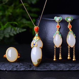 Hetian Jade Cheongsam Pendant Silver Necklace Enamel Painted 925 Silver Plated Long Earring Ring Three-piece Fashionable Set