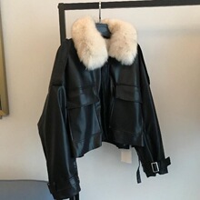 2023秋冬皮衣短款可拆仿狐狸毛毛领皮毛一体外套女加绒加厚简约