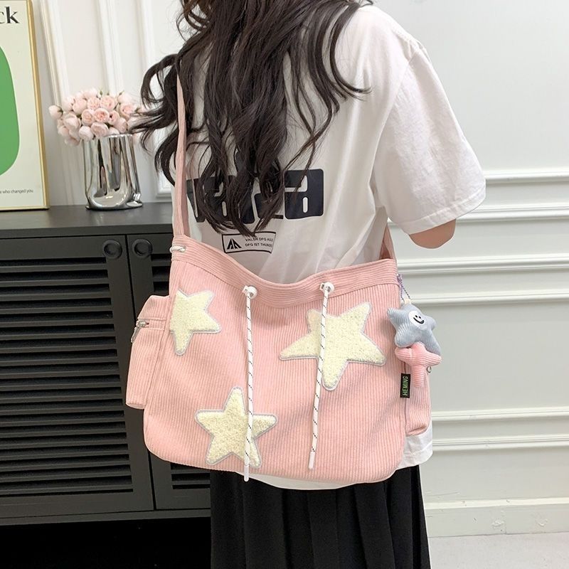 バッグかわいいデザインスター女子学生大容量通勤トートコーデュロイショルダーメッセンジャーバッグ耐久性のある|undefined