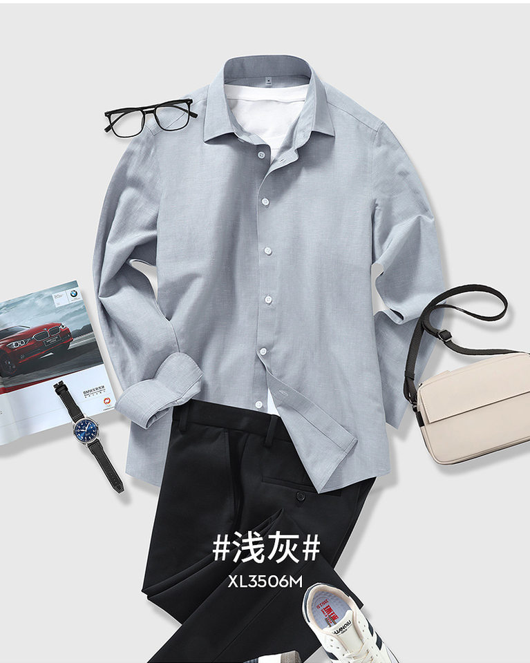 Áo sơ mi nam dài tay vải lanh pha, chống nhăn không cần ủi, form vừa vặn — Màu xanh ô liu-dài tay 05, Trắng-dài tay 01, Xám nhạt-dài tay 06 chi tiết 16