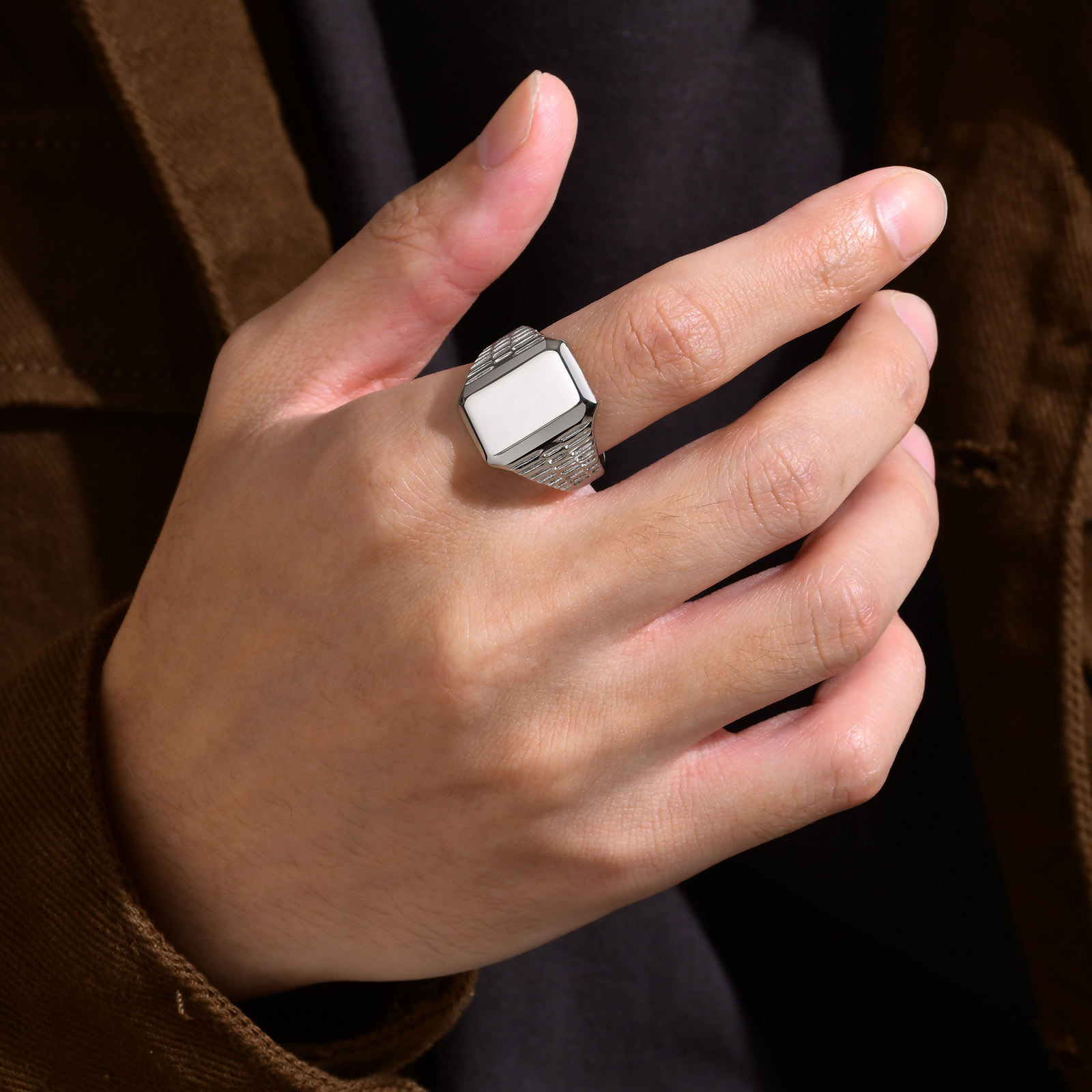 Geometric, Customization Laser Engraving Pattern Retro Classic Style Geometric Customization Laser Engraving Titanium Steel Plating Men's Rings Men Signet Rings