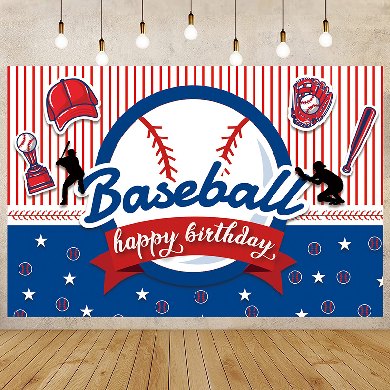 棒球运动主题 生日快乐挂布奖杯棒球帽标志背景布 派对装饰用品