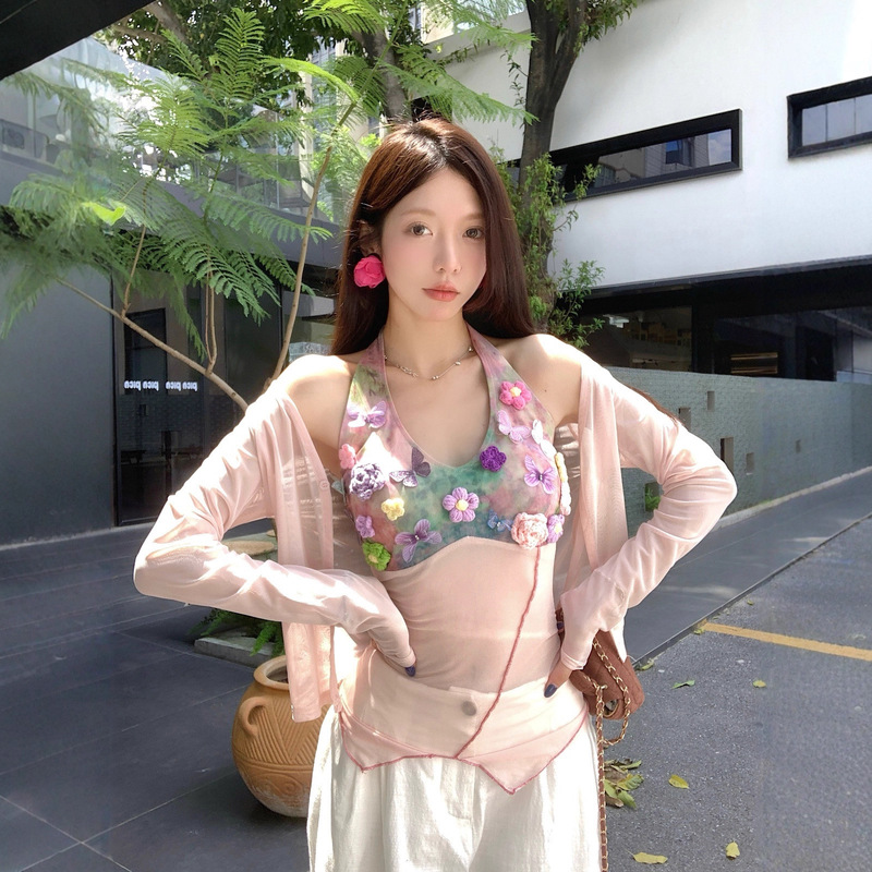 2026 New Pure Desire Style Set Sexy Thin Cardigan Jacket for Women Autumn Three-Dimensional Floral Halter Neck Tank Top Two-Piece Set