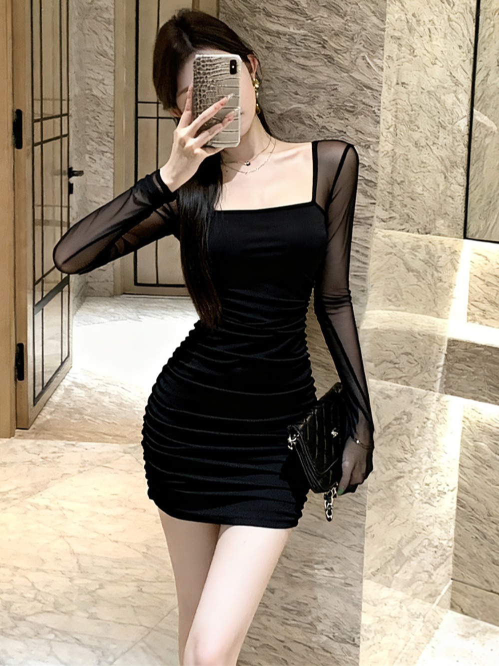 2025 Autumn New Style Mesh Elegant Slim Fit Bodycon Skirt Women's Bar Party Dress