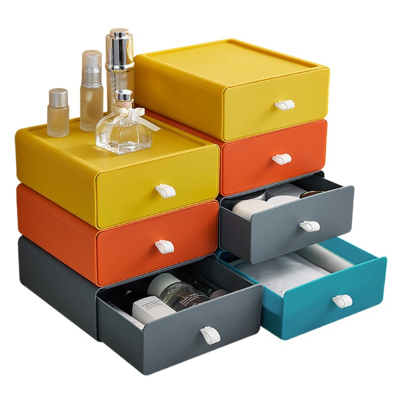 Caja de almacenamiento del cajón del hogar Oficina escritorio organización plástico cosméticos caja de almacenamiento dormitorio multi-capa apilable