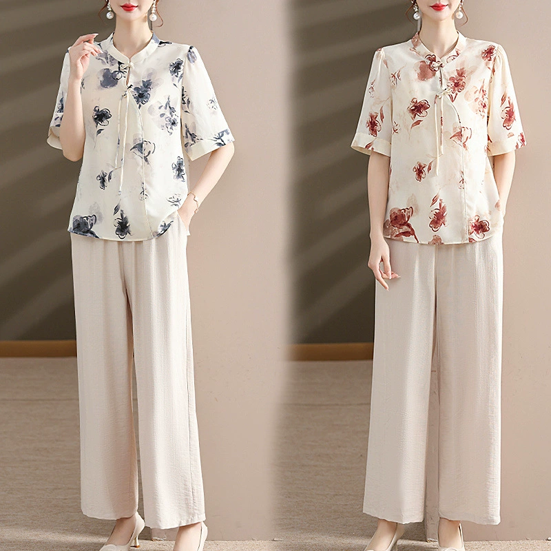 Новая летняя женская одежда в китайском стиле среднего возраста, новый повседневный костюм, одежда для мам среднего и пожилого возраста в западном стиле, шифоновая рубашка, комплект из двух предметов