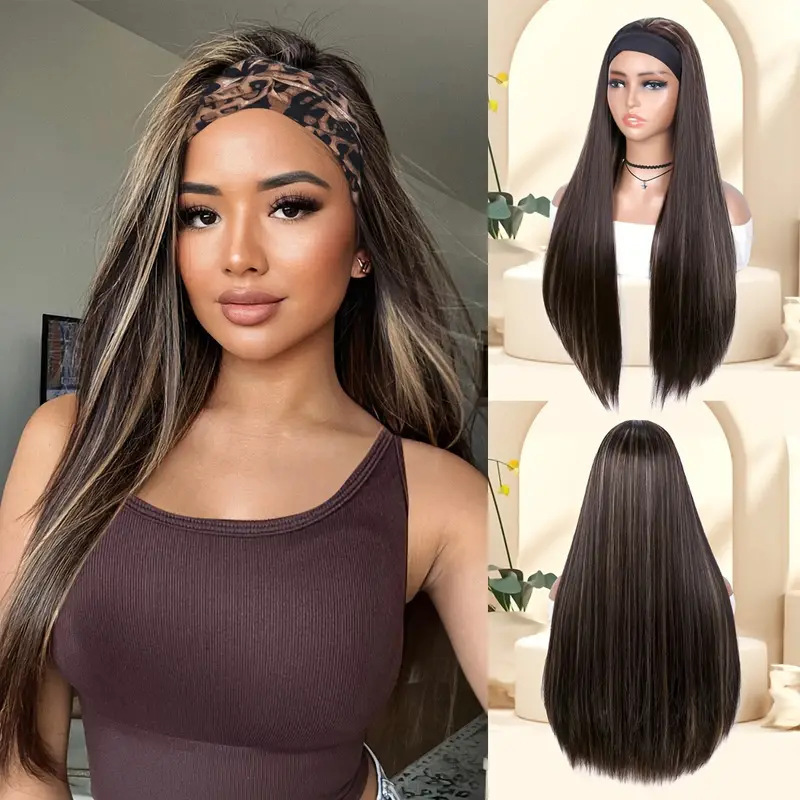 かつらの氷の糸のヘアバンドの長いまっすぐな髪の怠け者のヘアバンドの一体式の自然なファッションのブラウンの金の混色の女性の頭のカバーの現物|undefined