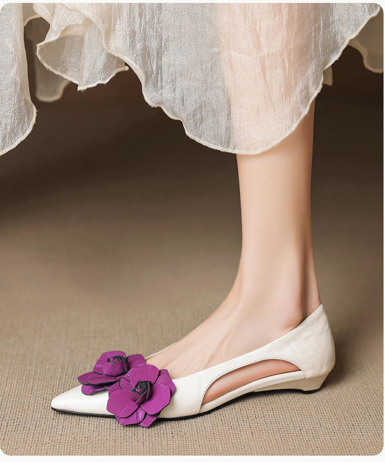 Sandal nữ mũi nhọn đế bệt quai mảnh hở bên hông hoa tím — đen chi tiết 10
